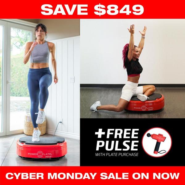 A square ad creative featuring two users exercising on a red vibration plate, paired with a clear save amount and a free gift incentive.